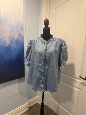 GAP Denim Ruffle-Trim Button Front Top - Light Blue Jean